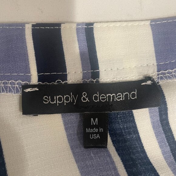 Supply & Demand Vertical Stripe Ruffle Sleeve Top, Button-Down, V-Neck, Blue, M - Picture 3 of 6